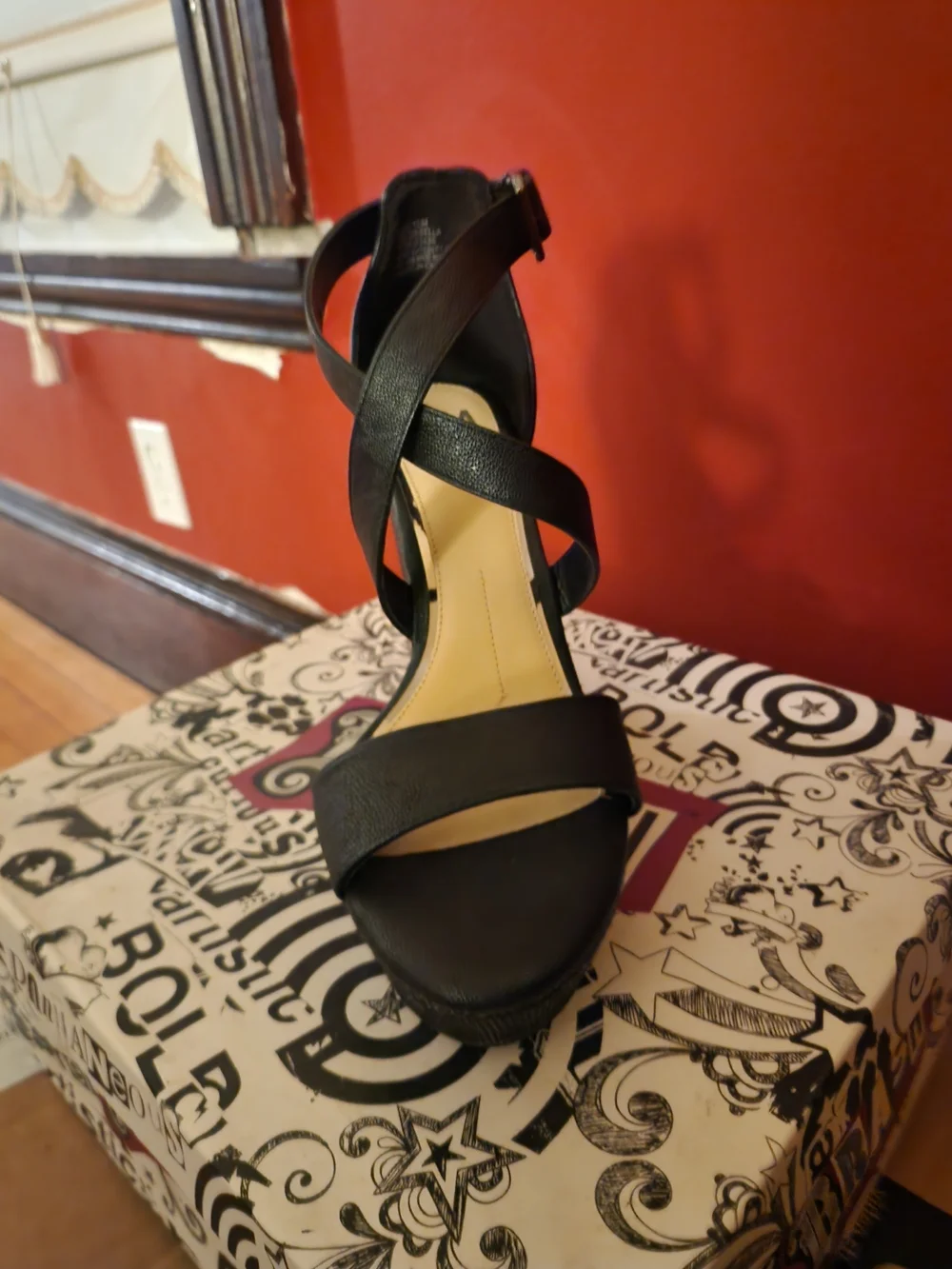 C&M Black Crisscross Platform Wedge Sandals